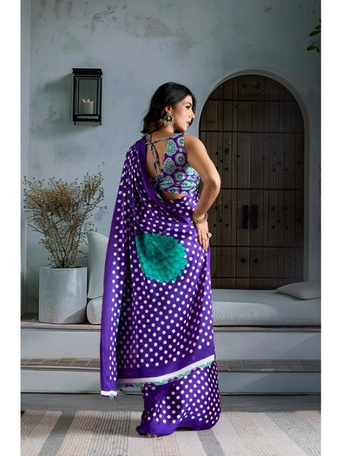 Women's Satin Crepe Printed Saree With Unstitched Blouse 5.5Mtr (Purple)