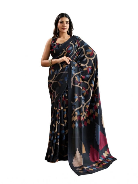 Women's Satin Crepe Printed Saree With Unstitched Blouse 5.5Mtr (Black)