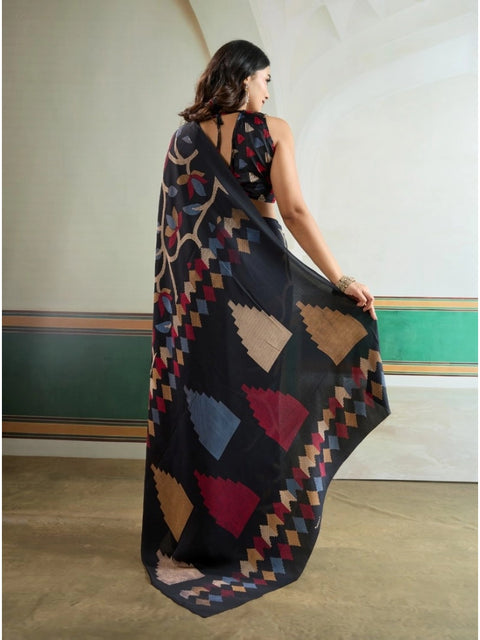 Women's Satin Crepe Printed Saree With Unstitched Blouse 5.5Mtr (Black)