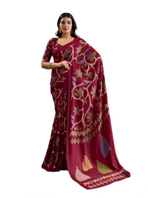 Women's Satin Crepe Printed Saree With Unstitched Blouse 5.5Mtr (Maroon)