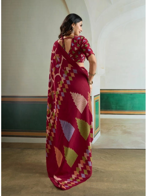 Women's Satin Crepe Printed Saree With Unstitched Blouse 5.5Mtr (Maroon)