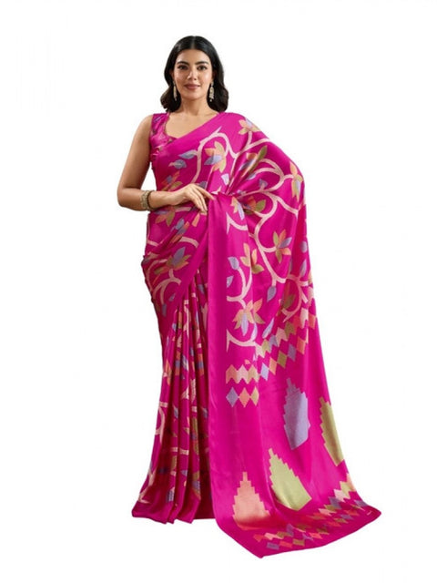 Women's Satin Crepe Printed Saree With Unstitched Blouse 5.5Mtr (Pink)