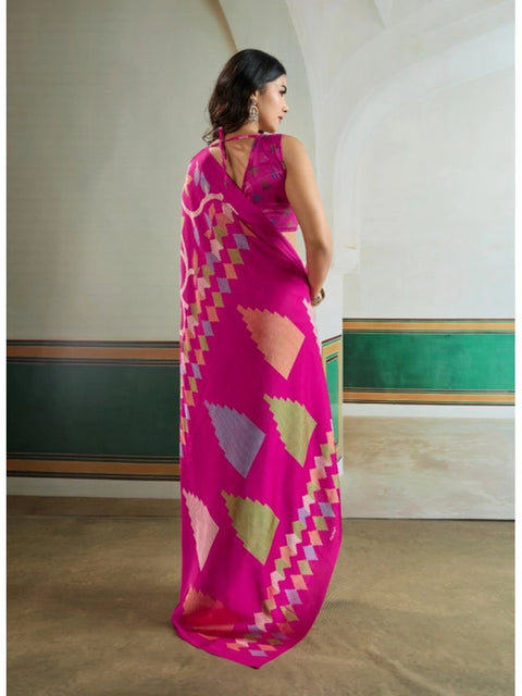 Women's Satin Crepe Printed Saree With Unstitched Blouse 5.5Mtr (Pink)