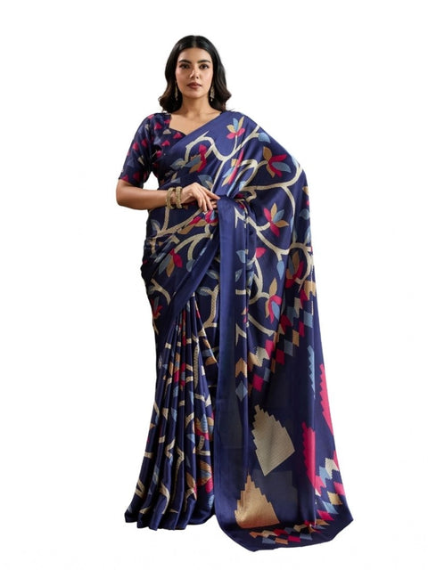 Women's Satin Crepe Printed Saree With Unstitched Blouse 5.5Mtr (Navy Blue)
