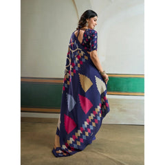 Generic Women's Satin Crepe Printed Saree With Unstitched Blouse 5.5Mtr (Navy Blue)