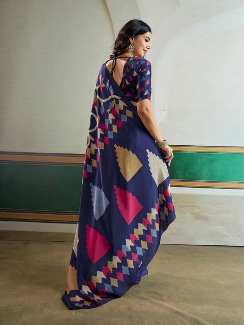 Women's Satin Crepe Printed Saree With Unstitched Blouse 5.5Mtr (Navy Blue)