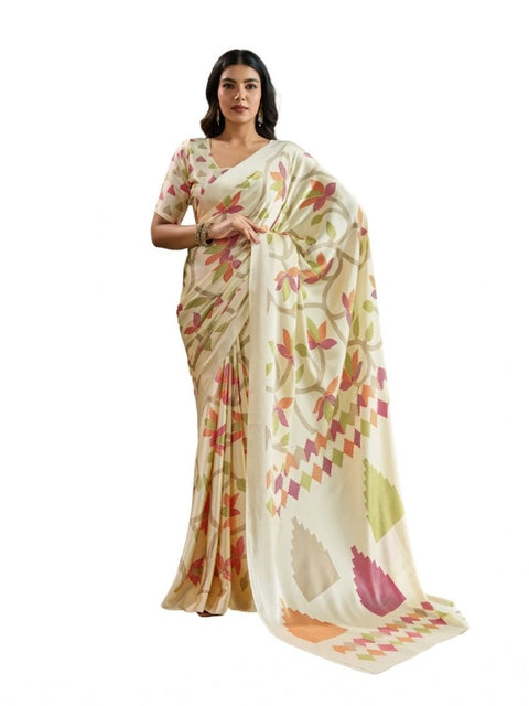 Women's Satin Crepe Printed Saree With Unstitched Blouse 5.5Mtr (Off White)