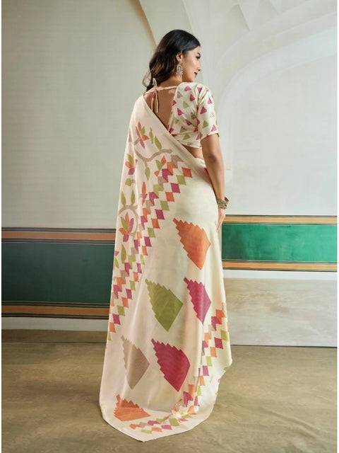 Women's Satin Crepe Printed Saree With Unstitched Blouse 5.5Mtr (Off White)