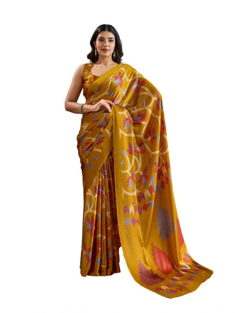 Women's Satin Crepe Printed Saree With Unstitched Blouse 5.5Mtr (Mustard)