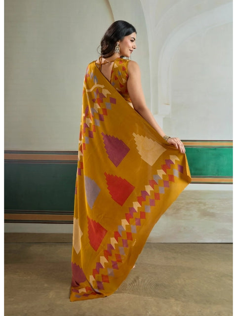 Women's Satin Crepe Printed Saree With Unstitched Blouse 5.5Mtr (Mustard)