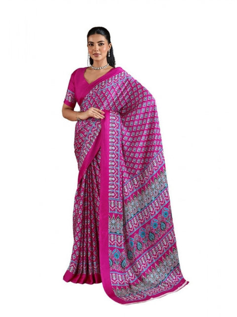 Women's Satin Crepe Printed Saree With Unstitched Blouse 5.5Mtr (Pink)