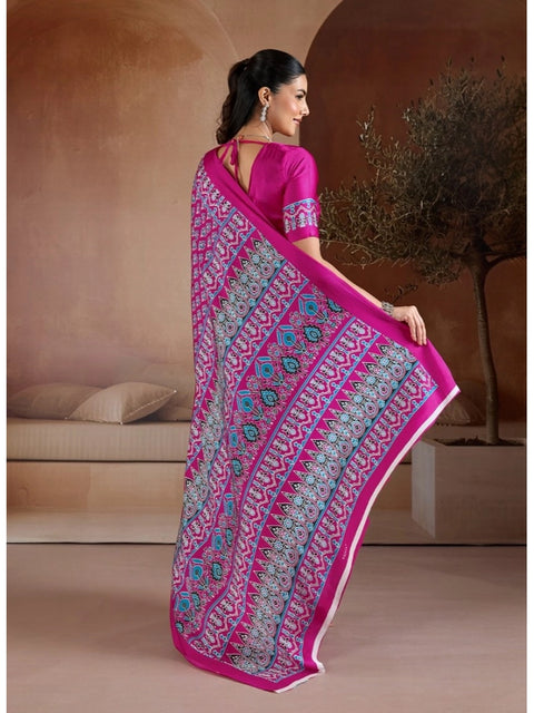 Women's Satin Crepe Printed Saree With Unstitched Blouse 5.5Mtr (Pink)