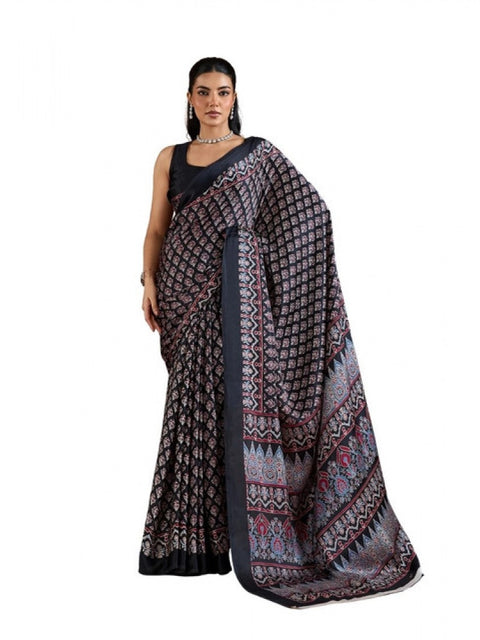 Women's Satin Crepe Printed Saree With Unstitched Blouse 5.5Mtr (Black)