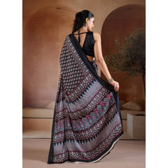 Generic Women's Satin Crepe Printed Saree With Unstitched Blouse 5.5Mtr (Black)