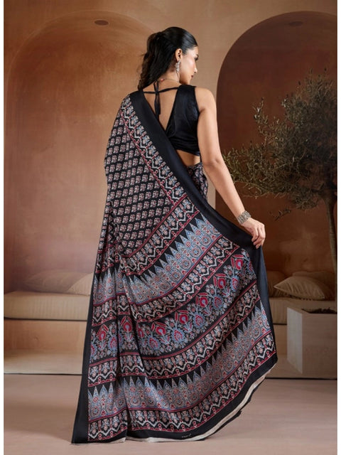 Women's Satin Crepe Printed Saree With Unstitched Blouse 5.5Mtr (Black)