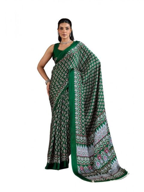 Women's Satin Crepe Printed Saree With Unstitched Blouse 5.5Mtr (Green)