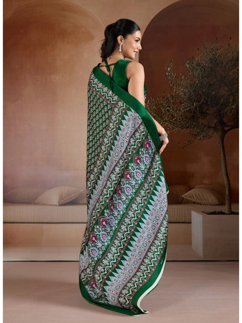 Women's Satin Crepe Printed Saree With Unstitched Blouse 5.5Mtr (Green)