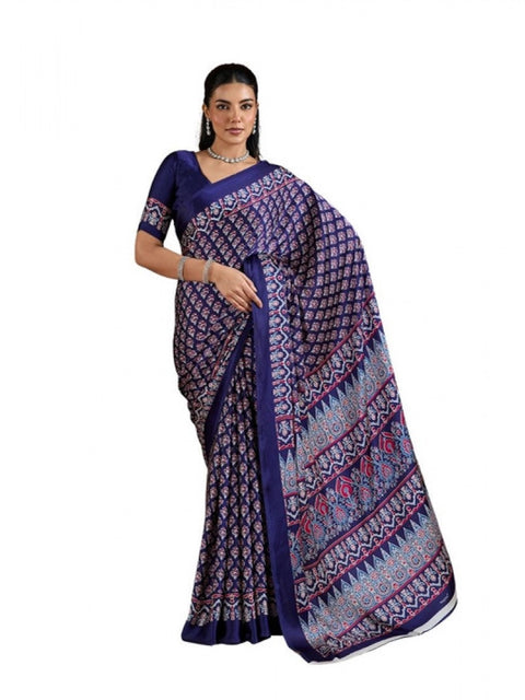 Women's Satin Crepe Printed Saree With Unstitched Blouse 5.5Mtr (Navy Blue)