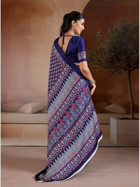 Women's Satin Crepe Printed Saree With Unstitched Blouse 5.5Mtr (Navy Blue)