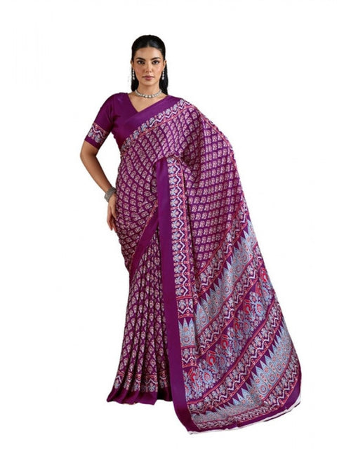 Women's Satin Crepe Printed Saree With Unstitched Blouse 5.5Mtr (Purple)