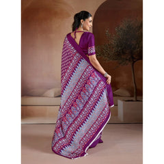 Generic Women's Satin Crepe Printed Saree With Unstitched Blouse 5.5Mtr (Purple)