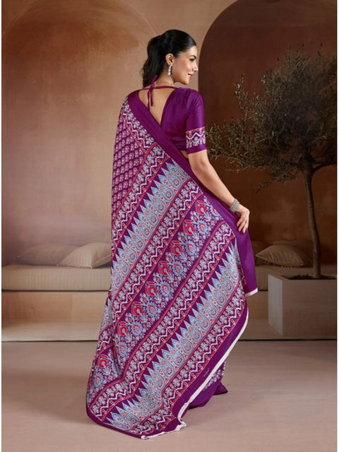 Women's Satin Crepe Printed Saree With Unstitched Blouse 5.5Mtr (Purple)