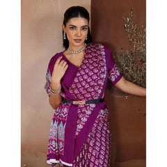 Generic Women's Satin Crepe Printed Saree With Unstitched Blouse 5.5Mtr (Purple)