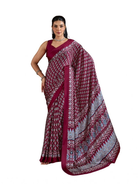 Women's Satin Crepe Printed Saree With Unstitched Blouse 5.5Mtr (Maroon)