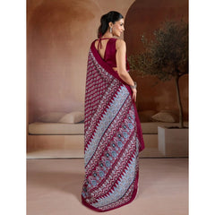 Generic Women's Satin Crepe Printed Saree With Unstitched Blouse 5.5Mtr (Maroon)