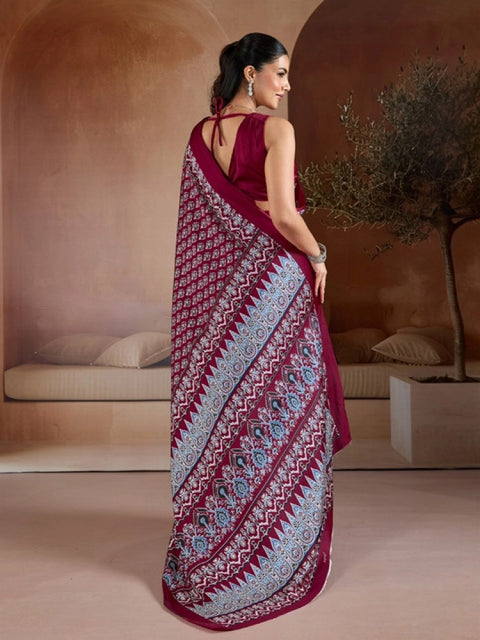 Women's Satin Crepe Printed Saree With Unstitched Blouse 5.5Mtr (Maroon)
