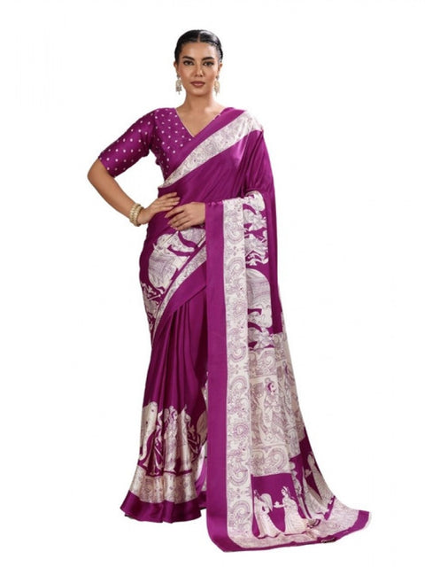 Women's Satin Crepe Printed Saree With Unstitched Blouse 5.5Mtr (Purple)
