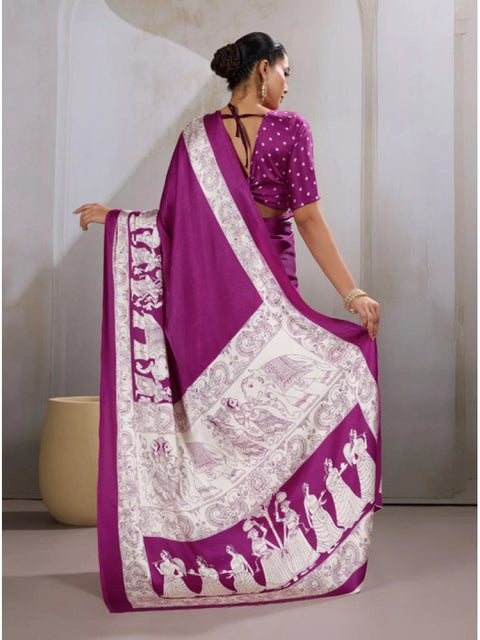 Women's Satin Crepe Printed Saree With Unstitched Blouse 5.5Mtr (Purple)