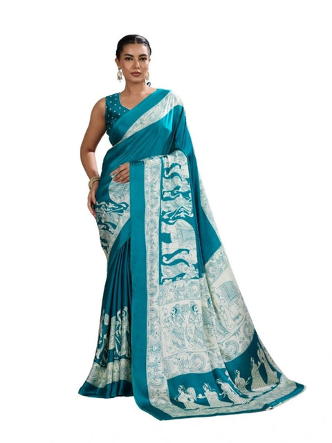 Women's Satin Crepe Printed Saree With Unstitched Blouse 5.5Mtr (Sky Blue)