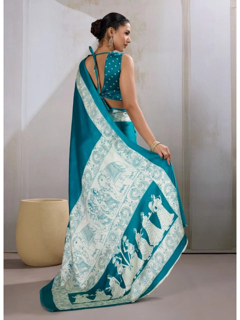 Women's Satin Crepe Printed Saree With Unstitched Blouse 5.5Mtr (Sky Blue)