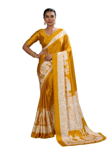 Women's Satin Crepe Printed Saree With Unstitched Blouse 5.5Mtr (Mustard)