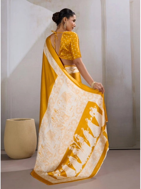 Women's Satin Crepe Printed Saree With Unstitched Blouse 5.5Mtr (Mustard)