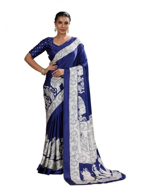 Women's Satin Crepe Printed Saree With Unstitched Blouse 5.5Mtr (Blue)