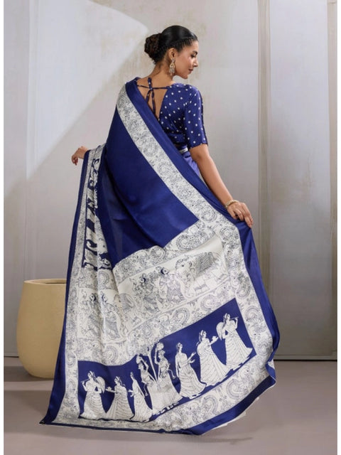 Women's Satin Crepe Printed Saree With Unstitched Blouse 5.5Mtr (Blue)