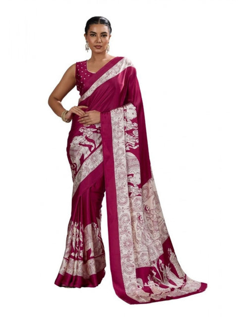 Women's Satin Crepe Printed Saree With Unstitched Blouse 5.5Mtr (Maroon)