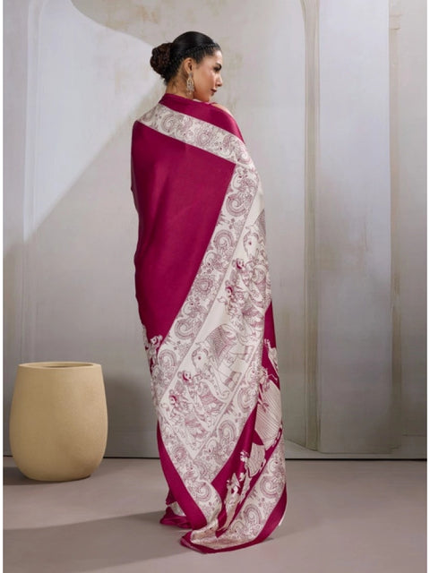 Women's Satin Crepe Printed Saree With Unstitched Blouse 5.5Mtr (Maroon)