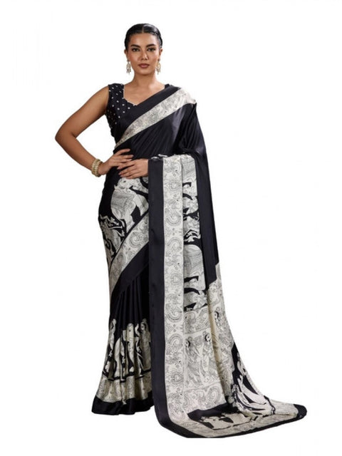 Women's Satin Crepe Printed Saree With Unstitched Blouse 5.5Mtr (Black)