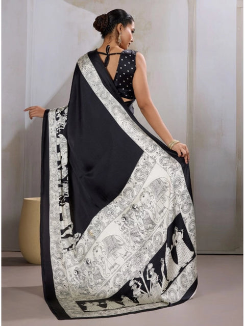 Women's Satin Crepe Printed Saree With Unstitched Blouse 5.5Mtr (Black)