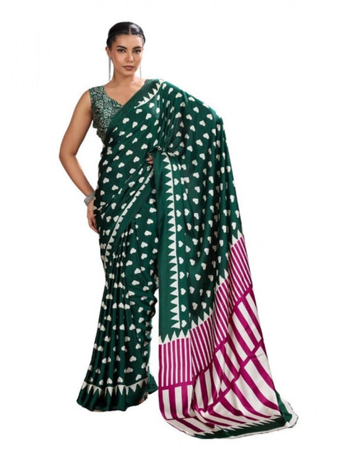 Women's Satin Crepe Printed Saree With Unstitched Blouse 5.5Mtr (Bottle Green)