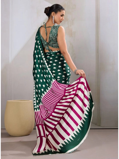 Women's Satin Crepe Printed Saree With Unstitched Blouse 5.5Mtr (Bottle Green)
