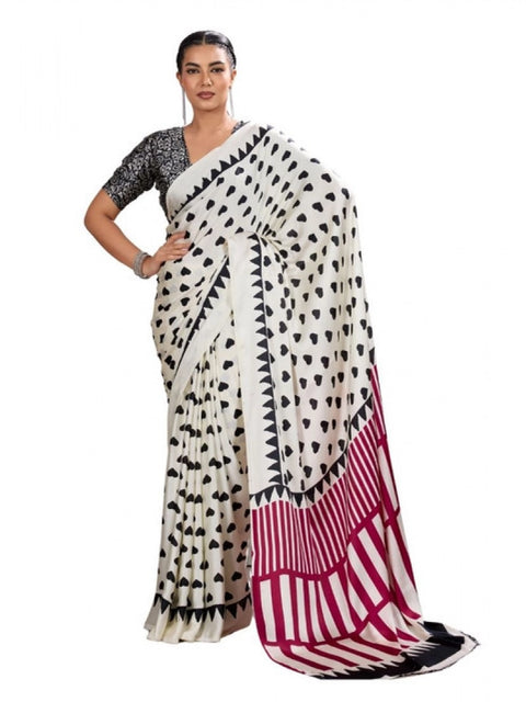 Women's Satin Crepe Printed Saree With Unstitched Blouse 5.5Mtr (White)