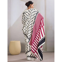 Generic Women's Satin Crepe Printed Saree With Unstitched Blouse 5.5Mtr (White)