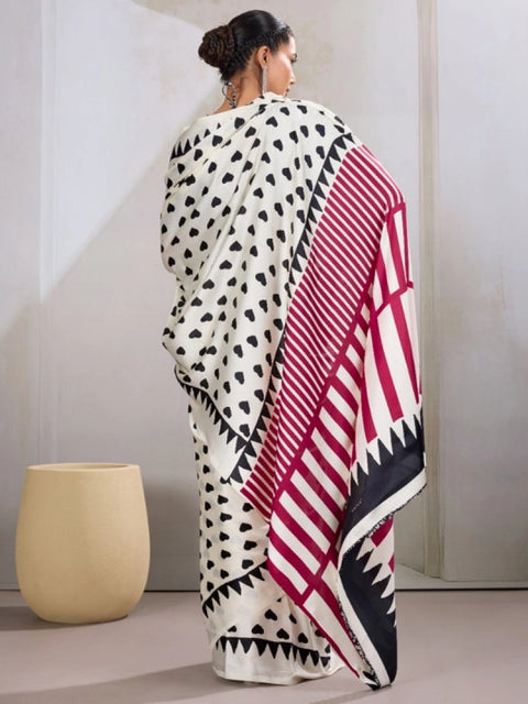 Women's Satin Crepe Printed Saree With Unstitched Blouse 5.5Mtr (White)