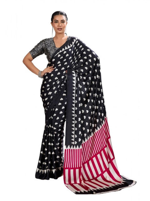 Women's Satin Crepe Printed Saree With Unstitched Blouse 5.5Mtr (Black)