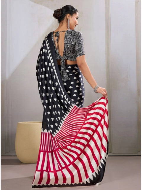 Women's Satin Crepe Printed Saree With Unstitched Blouse 5.5Mtr (Black)
