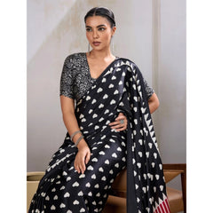 Generic Women's Satin Crepe Printed Saree With Unstitched Blouse 5.5Mtr (Black)